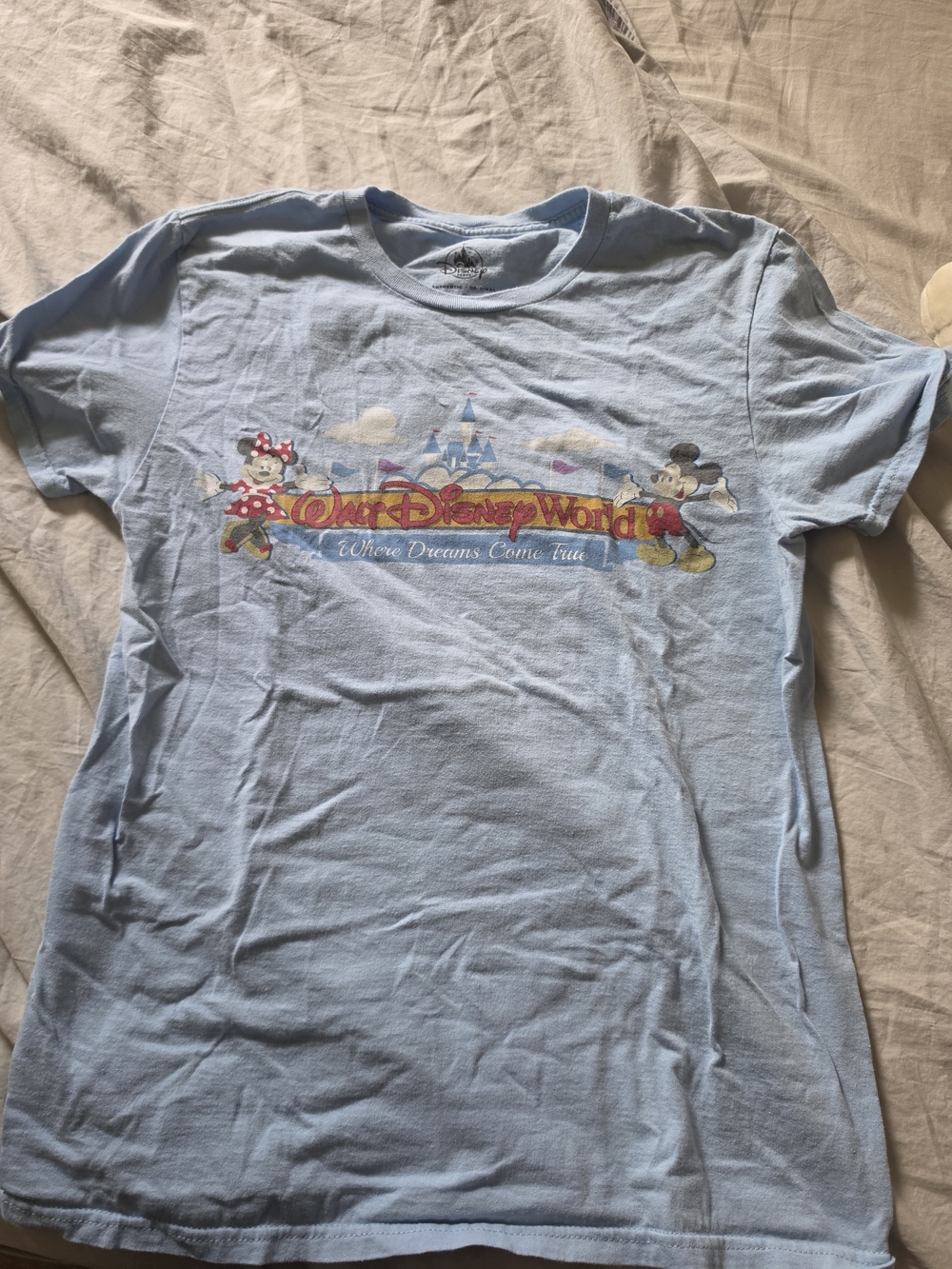 Disney Light Blue Logo Tee with Castle Print Size Small Good Condition